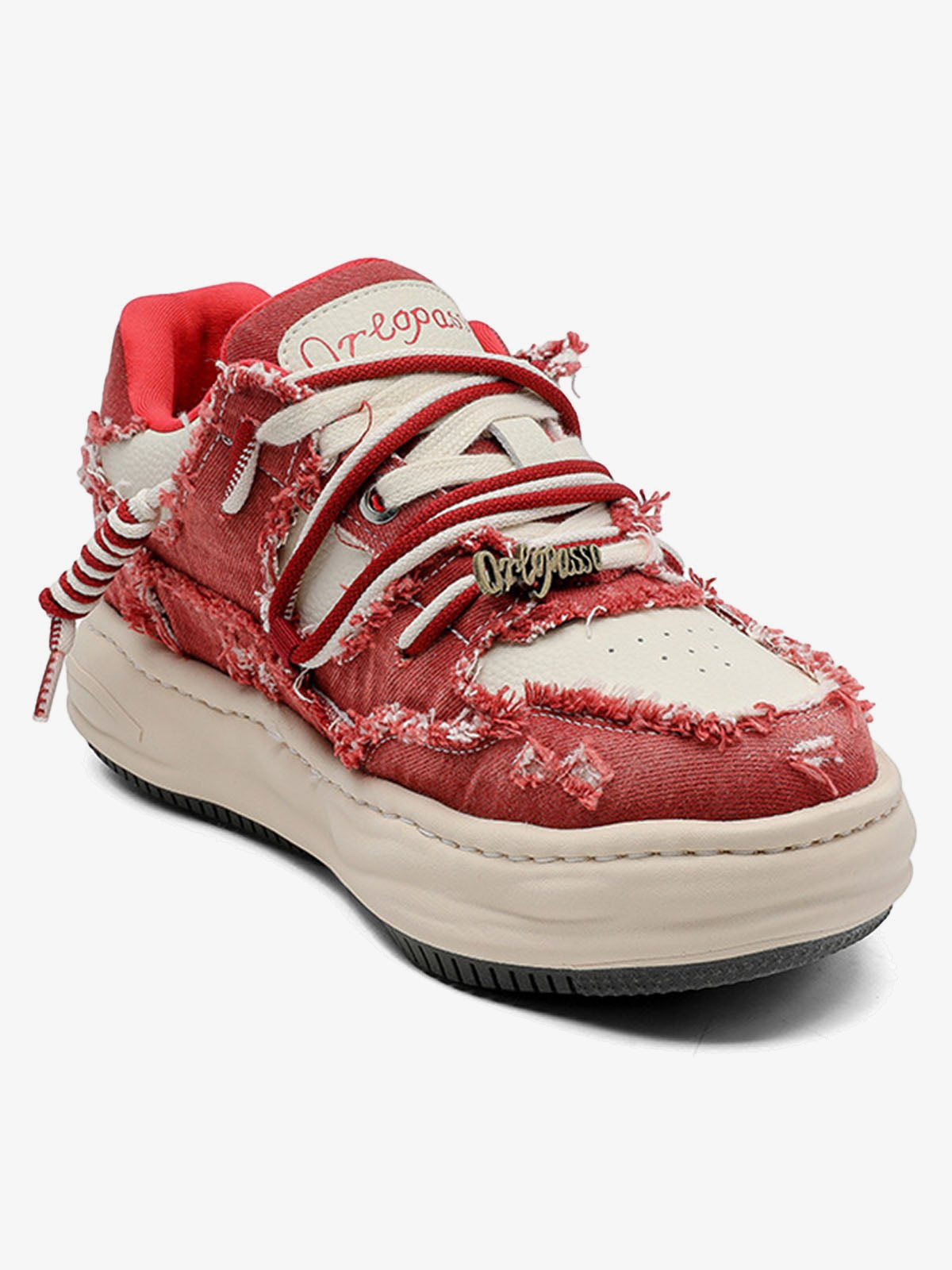 Red Washed Denim Height Increasing Sneakers – toe close-up | XoKool