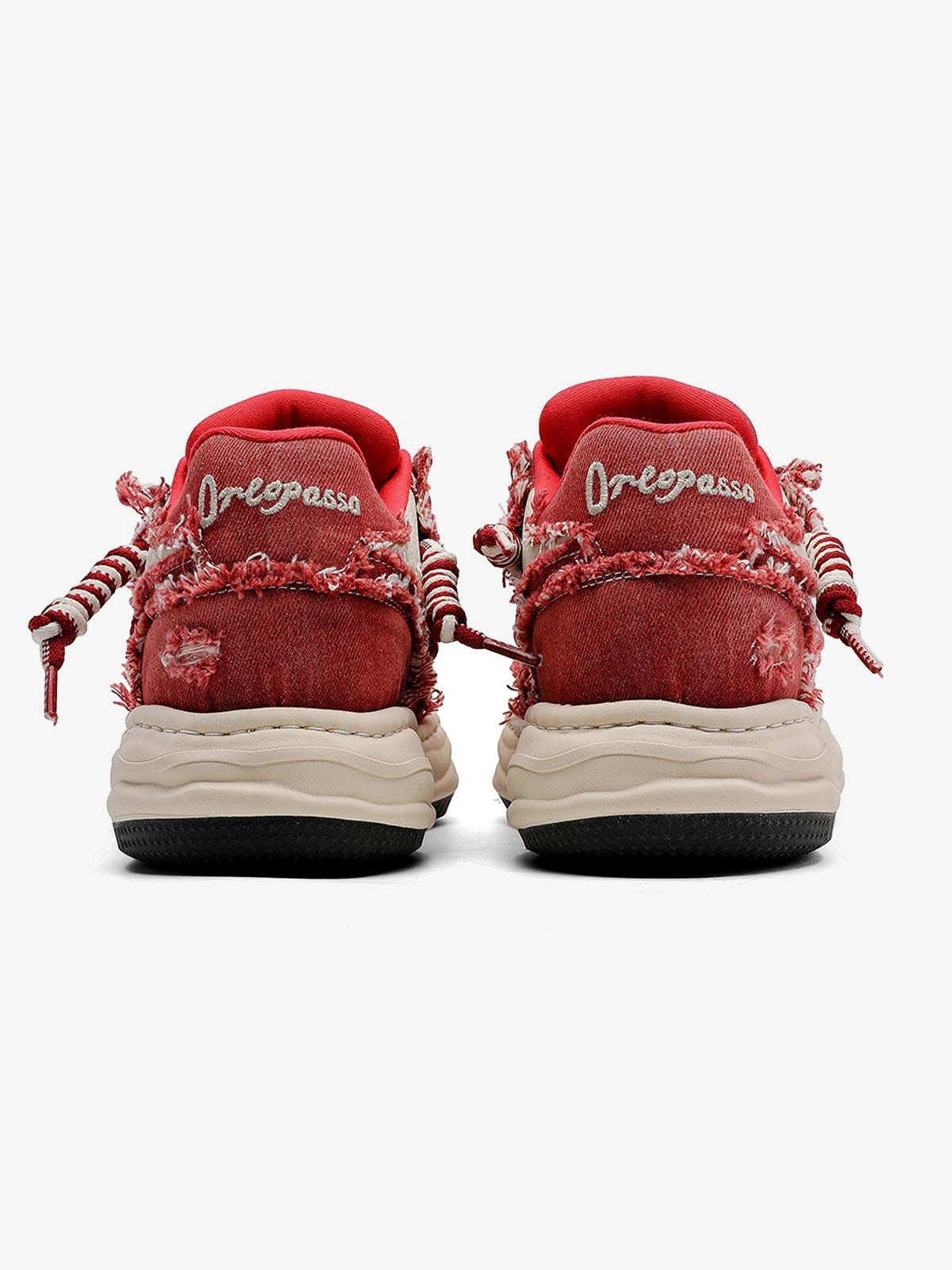 Red denim sneakers – pair, back view | XoKool