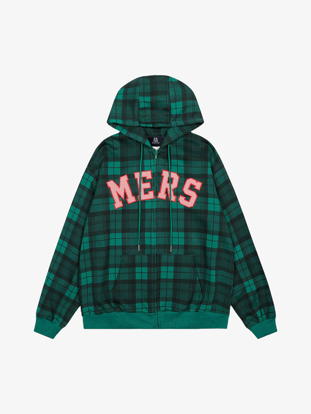 Retro Plaid Patch Embroidered Cardigan Hooded Sweatshirt