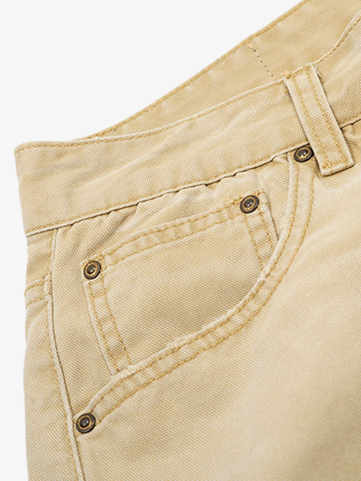 Long Baggy Washed Shorts in Khaki and Black – Khaki, front pocket close-up | XoKool