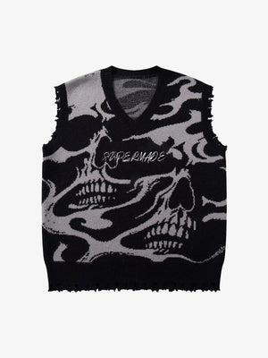 High Street Dark Skull Frayed-edge V-neck Sweater Vest - thumbnail 1