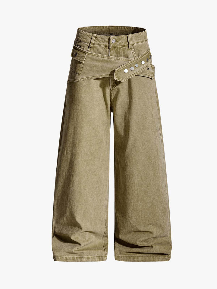 Washed Baggy Jeans with Detachable Snap Belt