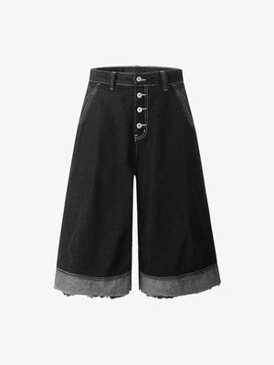 Long Black Jorts with Cuffed Frayed Hem – Black, front view | XoKool