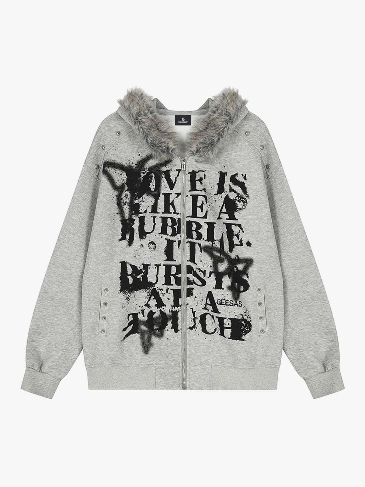 Street Punk Letter Print Fur Collar Hooded Sweatshirt