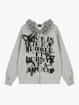 Street Punk Letter Print Fur Collar Hooded Sweatshirt