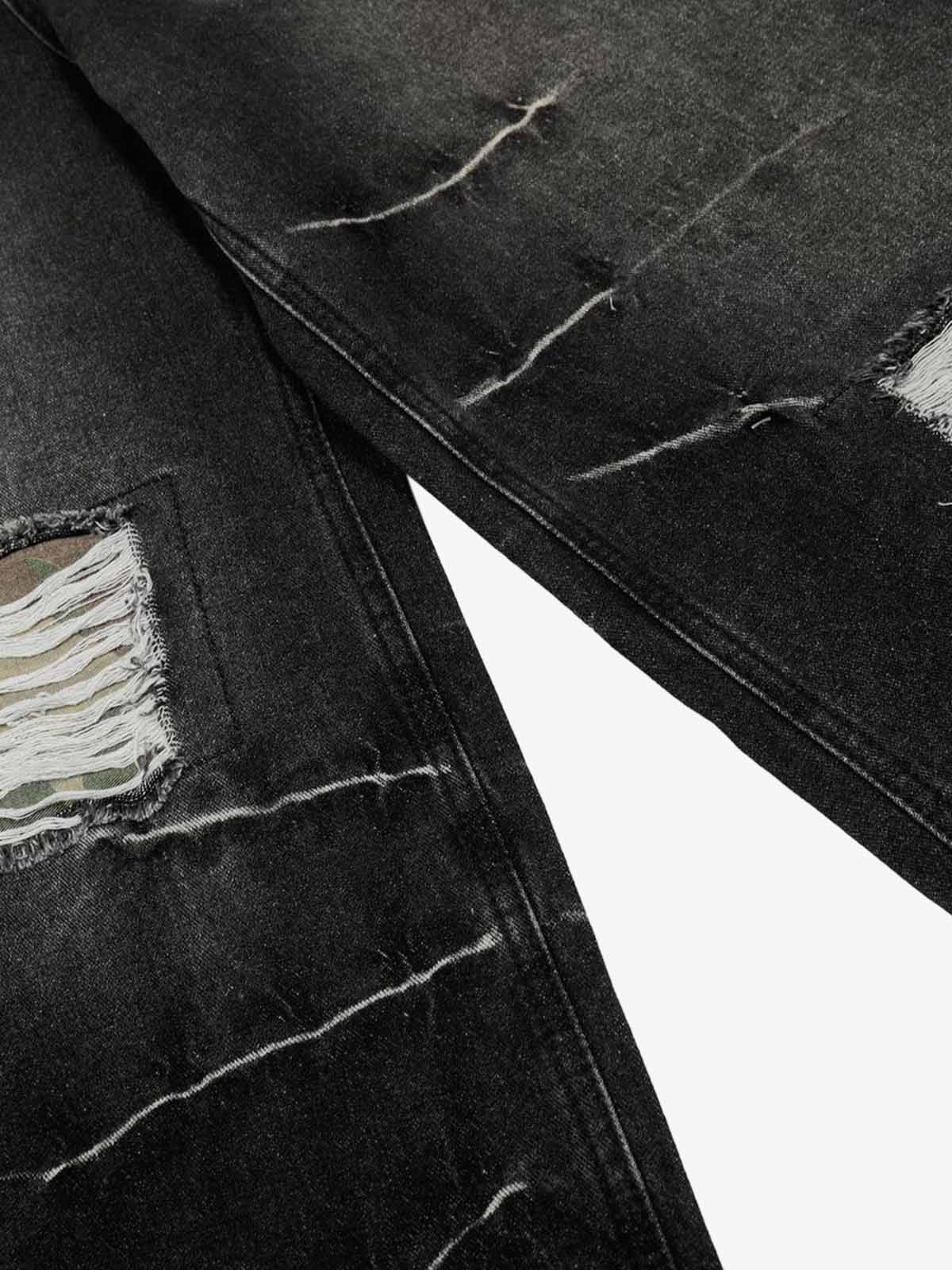 Washed Black Ripped Barrel Jeans with Camo Belt – slash rips close-up | XoKool