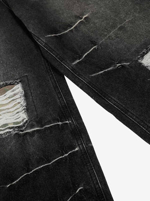 Washed Black Ripped Barrel Jeans with Camo Belt – slash rips close-up | XoKool