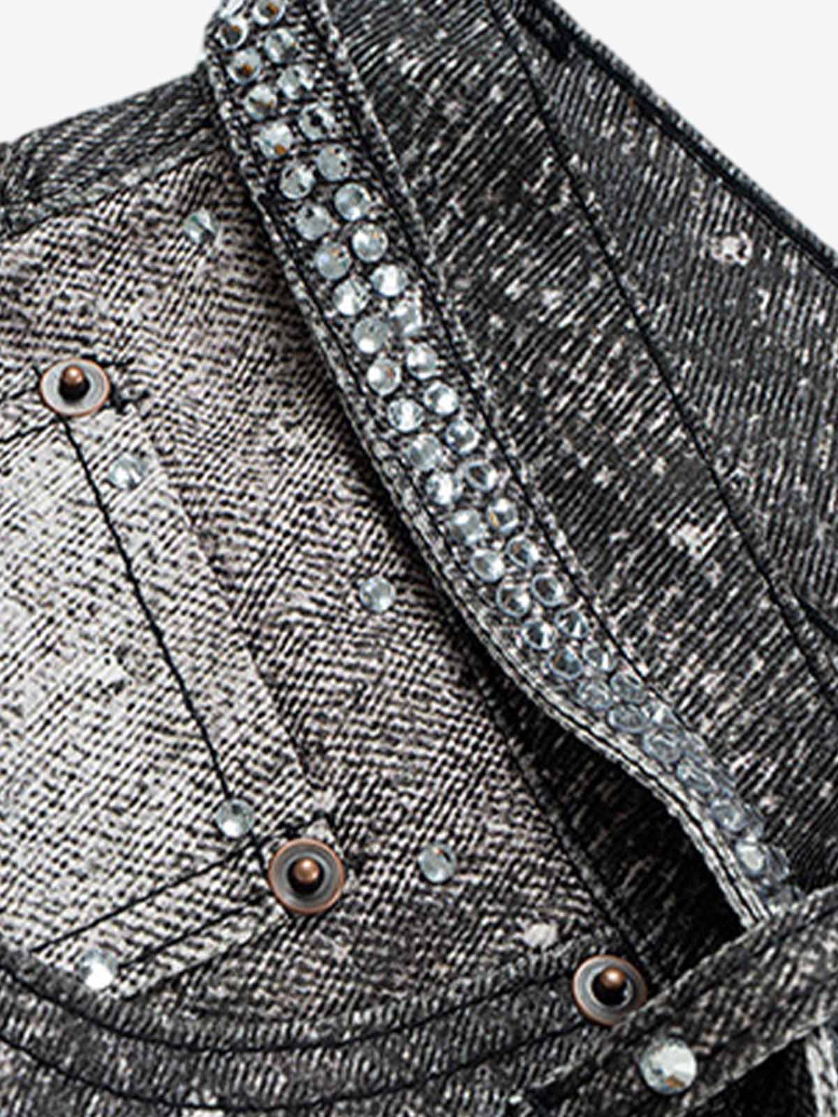 Denim Distressed Belt Diamond Decorated Jeans - image 12