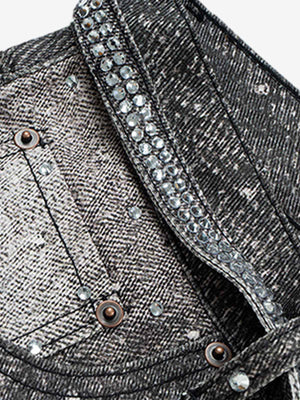 Denim Distressed Belt Diamond Decorated Jeans - thumbnail 12