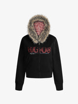 Retro Gradient Letter Print Splicing Cardigan Fur Collar Zip Up Hoodie