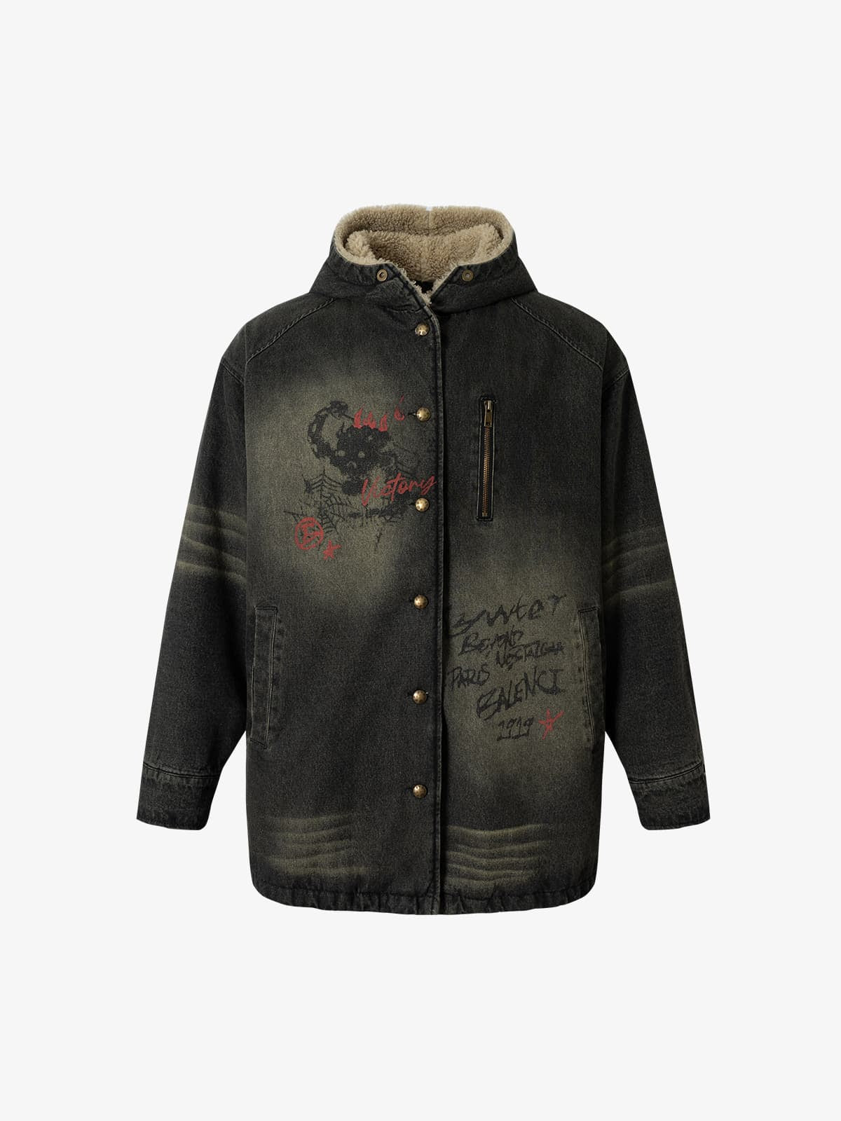 Distressed Graffiti Washed Long Lamb Fleece Denim Cotton Jacket