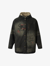 Distressed Graffiti Washed Long Lamb Fleece Denim Cotton Jacket