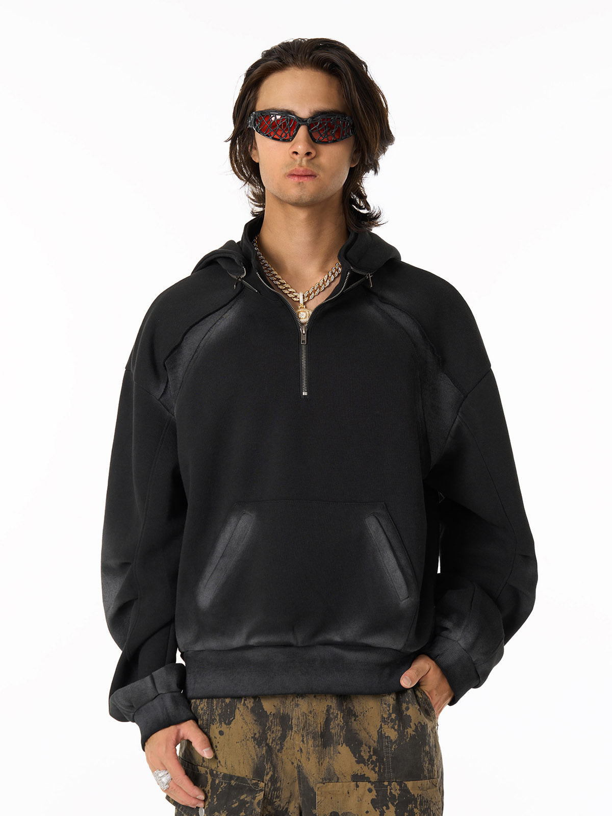 Distressed Stand Collar Quarter Zip Stitching Spray Paint Hooded Sweatshirt