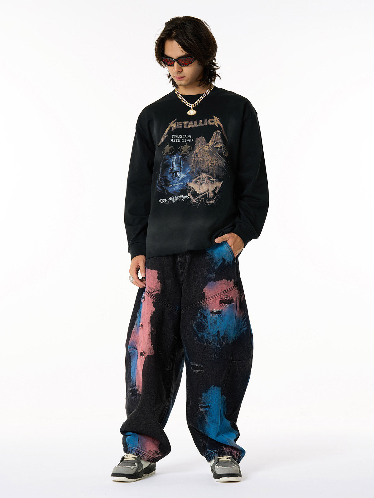 Vintage Tie-Dye Contrast Color Ripped Barrel Jeans - image 5