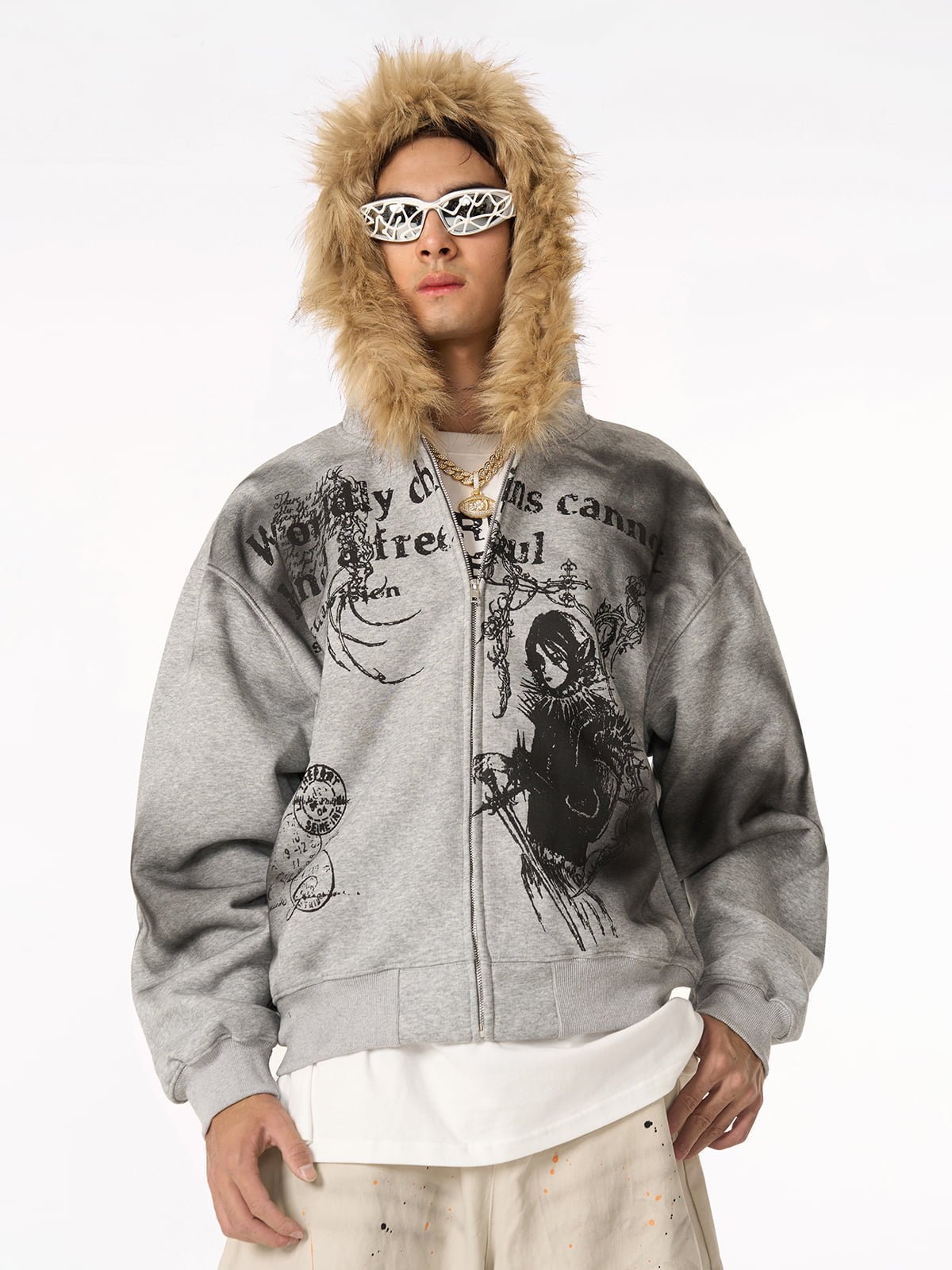 Graphic Zip Up Hoodie with Fur Trim Hood | XoKool