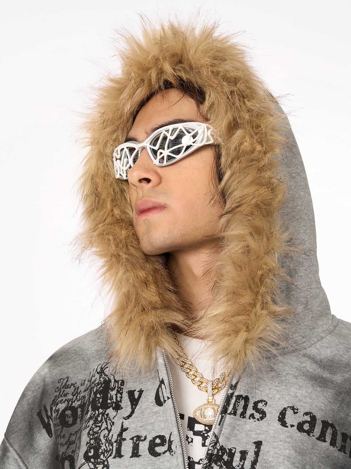 Graphic Zip Up Hoodie with Fur Trim Hood | XoKool