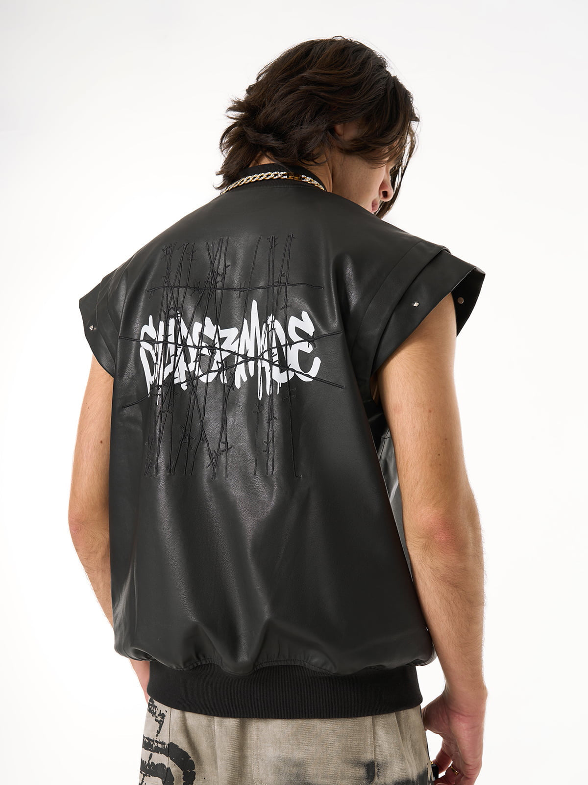 Thorn Destruction Frame Pattern Leather Vest - image 12