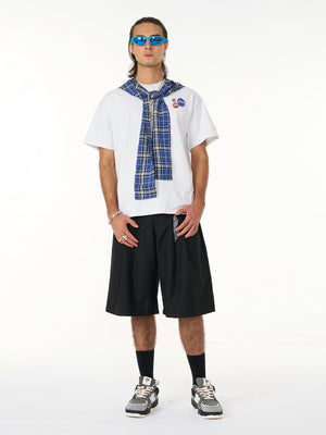 Plaid hood tee – on model, full length | XoKool