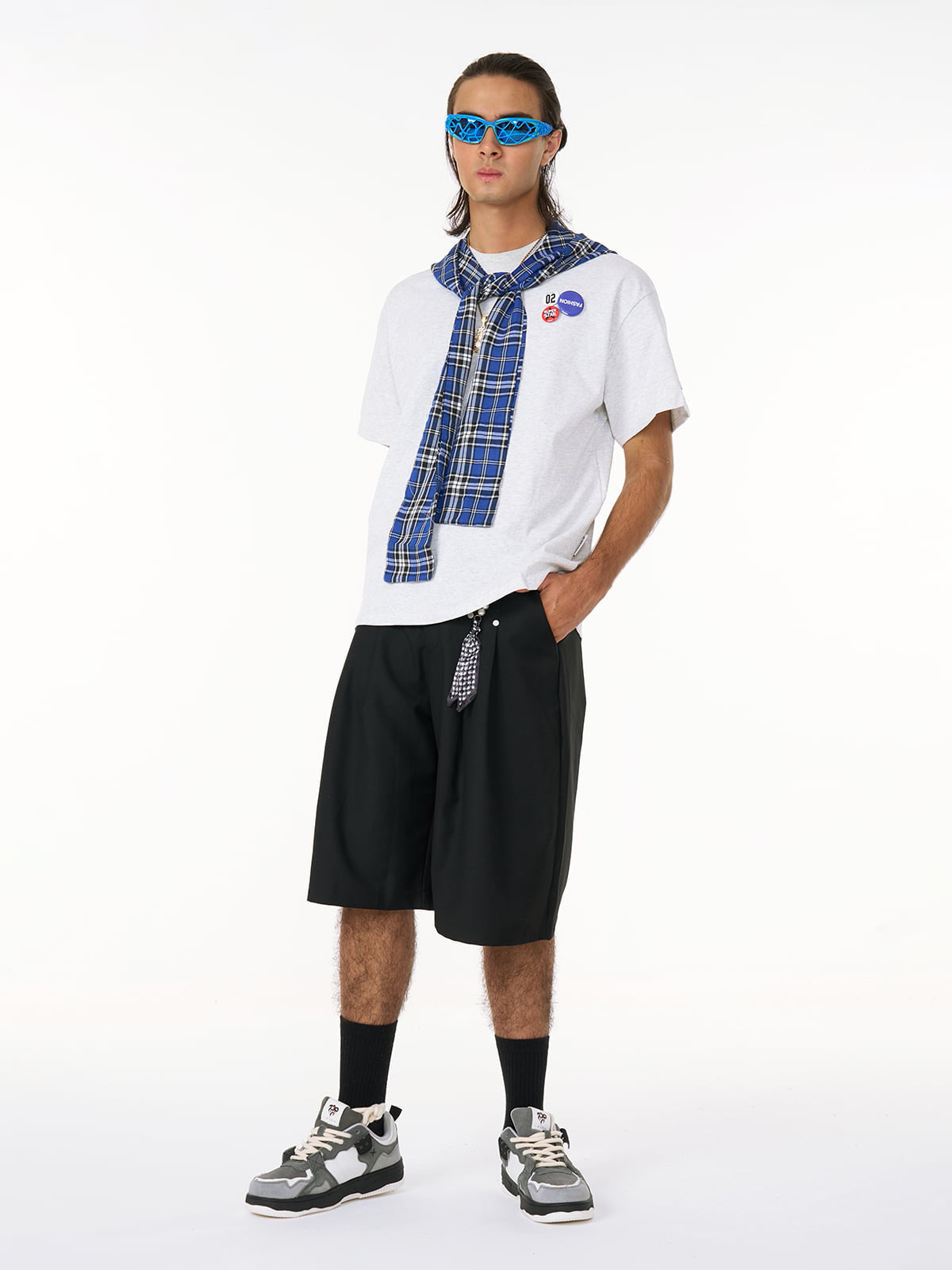 Plaid hood tee – on model, full length | XoKool