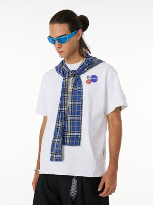 Hooded T-Shirt with Plaid Scarf Hood and Pins – on model, front | XoKool