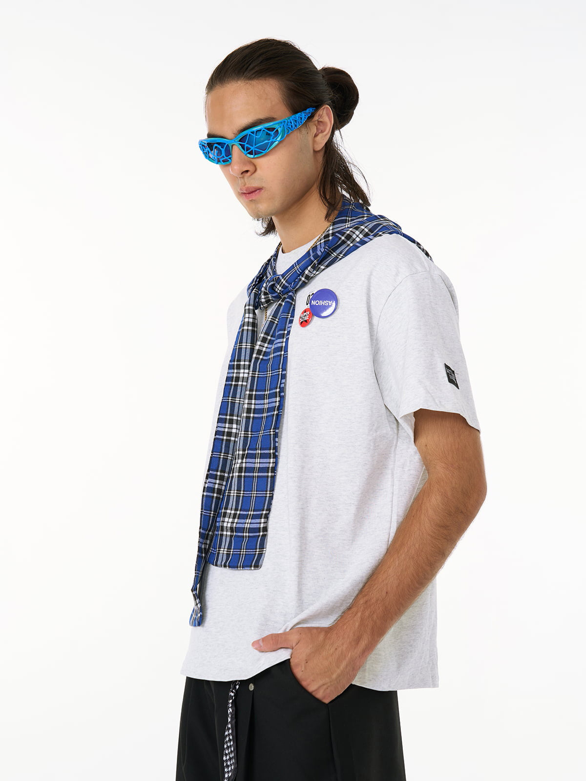 Hooded T-Shirt with Plaid Scarf Hood and Pins – on model, side | XoKool