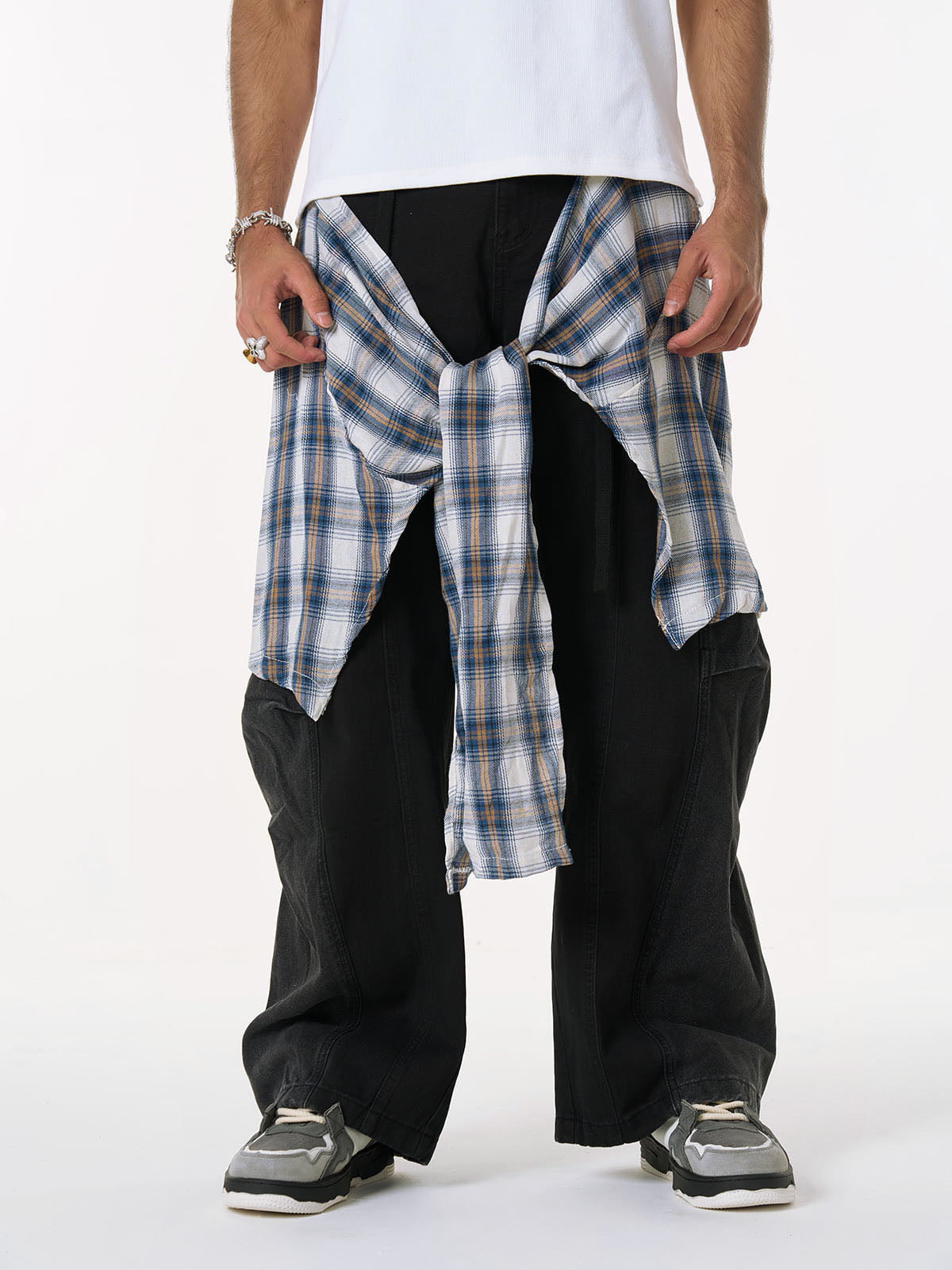 Denim Faux Two-piece Plaid Detachable Scimitar Jeans