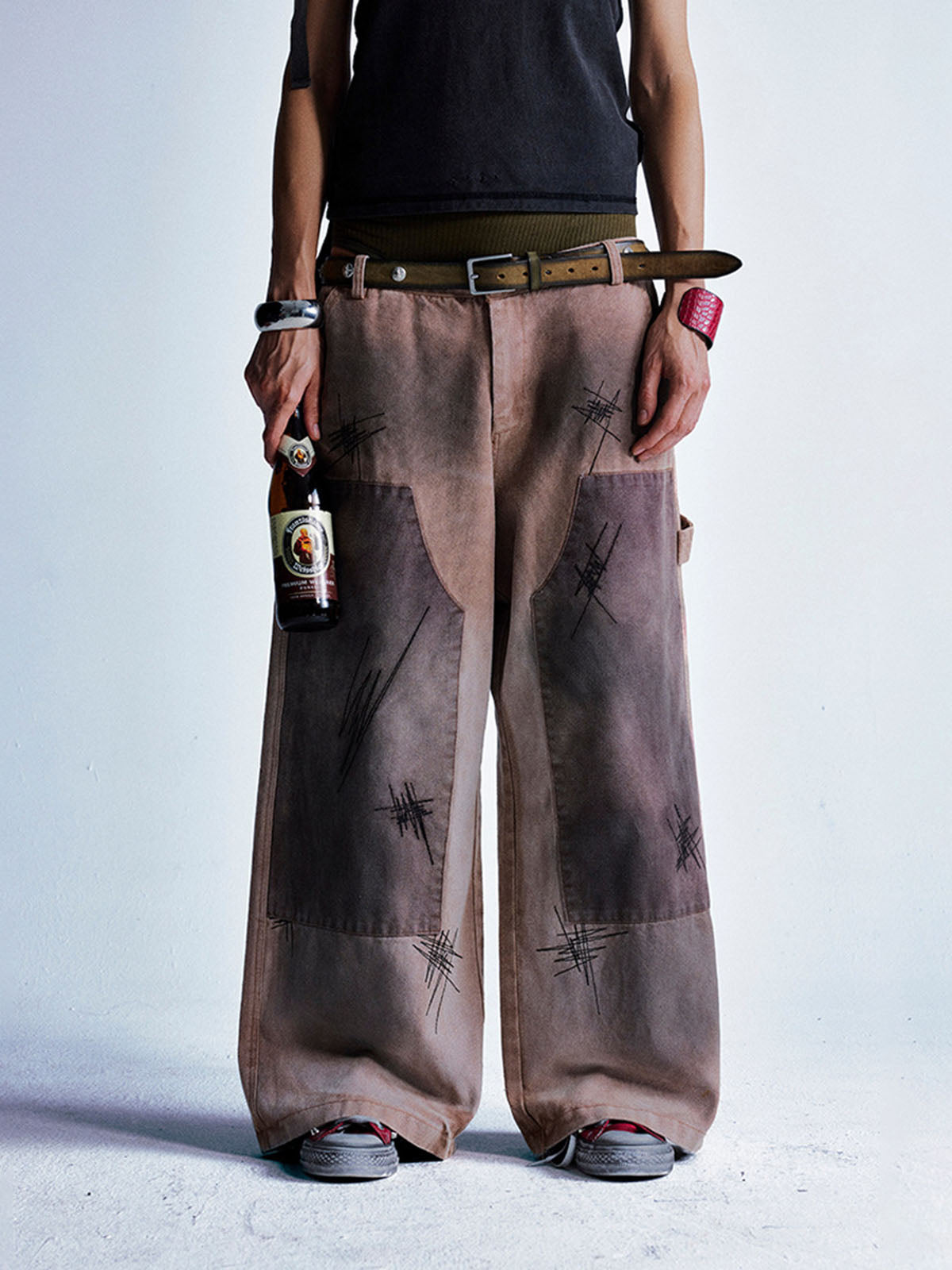Scratched Patchwork Distressed Embroidered Work Jeans