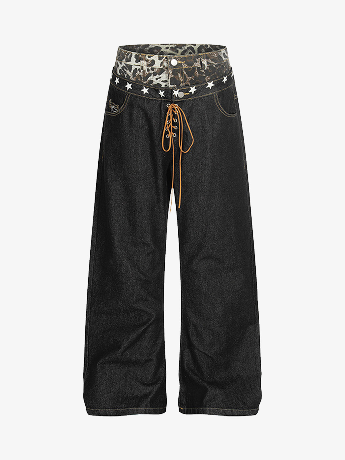 Leopard Star Print Double Waist Tie Jeans