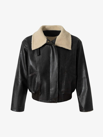 Cropped Faux Leather Aviator Jacket with Sherpa Collar