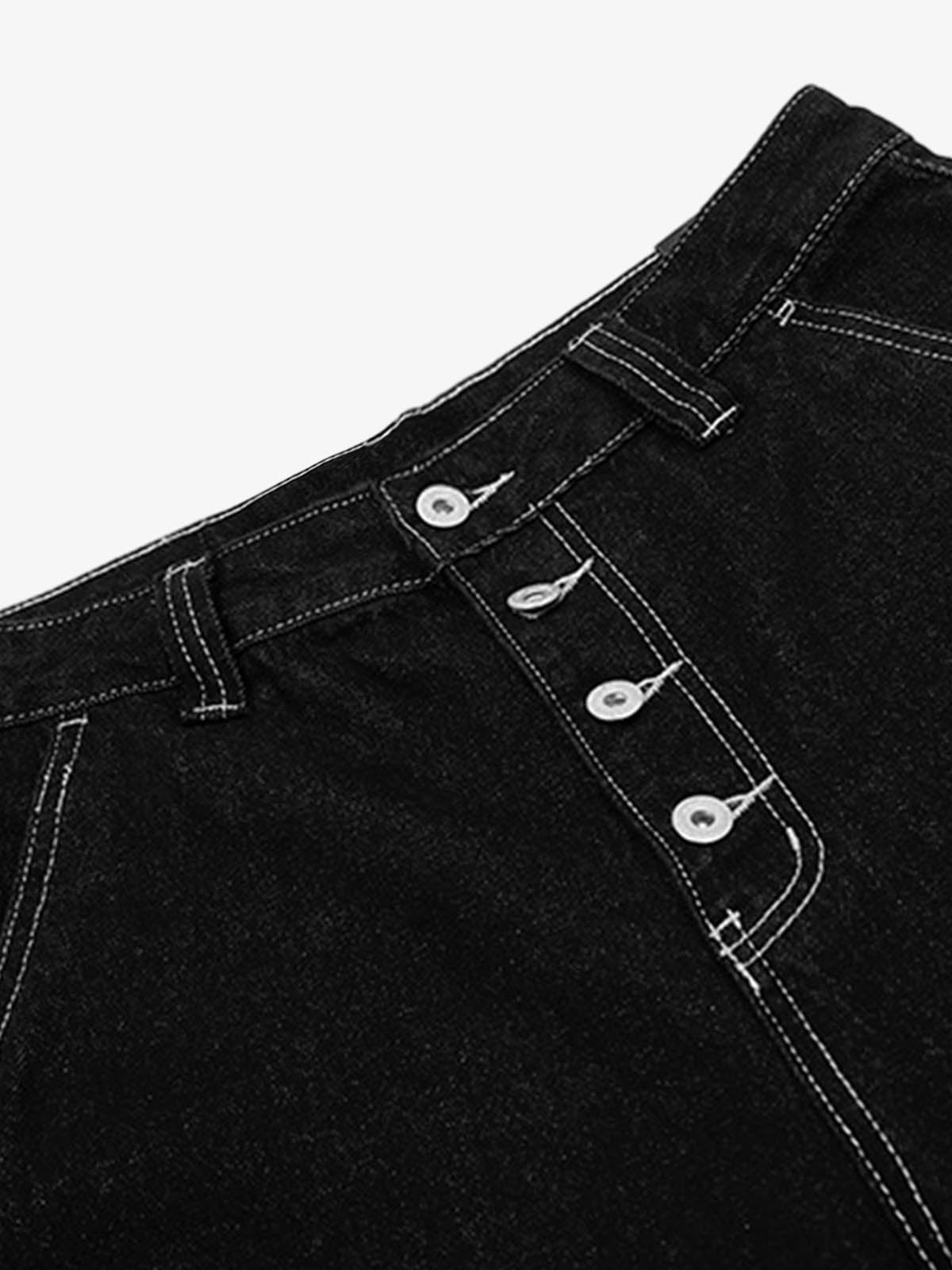Long Black Jorts with Cuffed Frayed Hem – button fly close-up | XoKool