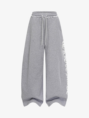 Retro Letter Print Drawstring Straight-Leg Wide Pants - thumbnail 2