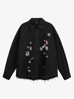 Fun Distressed Raw-Edge Printed Long-Sleeved Shirt - thumbnail 1