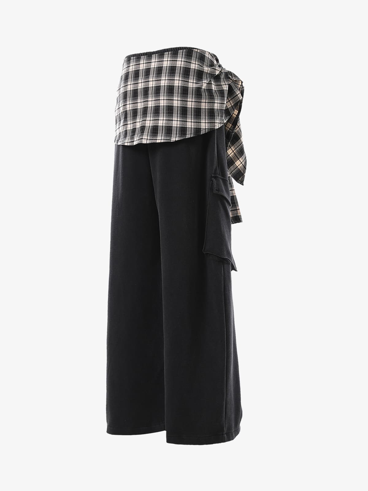 Retro Plaid Patchwork Tie-Belt Wide-Leg Barrel Pants - image 3