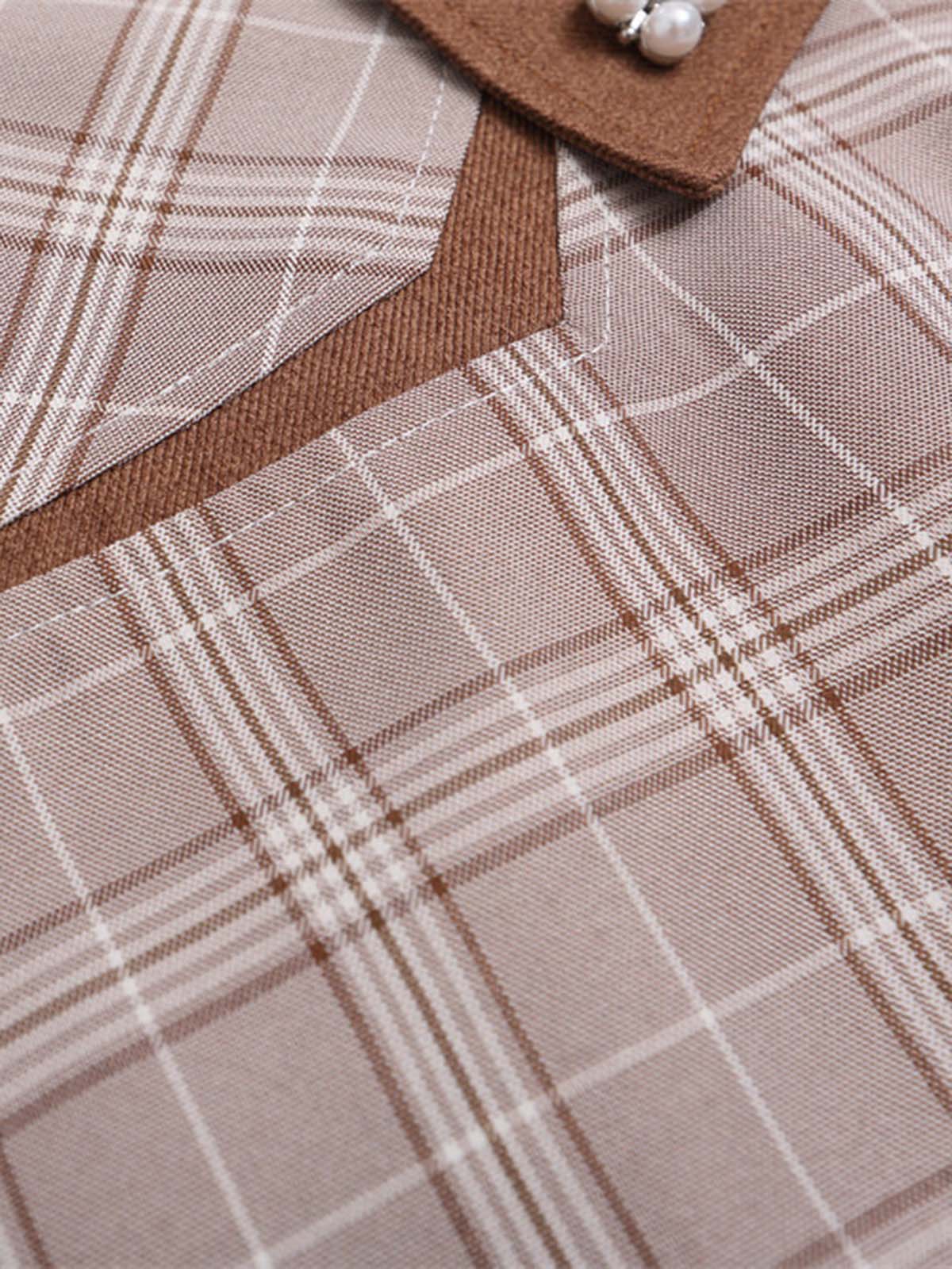 Faux Two-piece Pearl Button Plaid Short-Sleeved Shirt - image 7