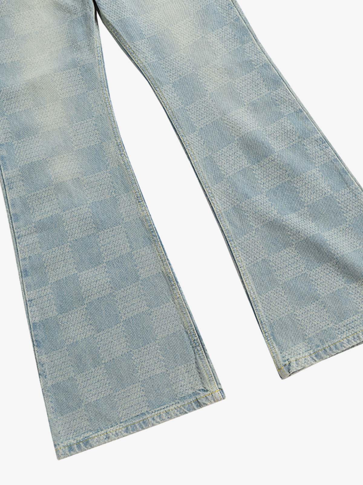 Light Blue Checkered Flare Jeans – flared hem close-up | XoKool