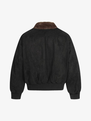 Faux Suede Bomber Jacket with Fur Collar – Black, back flat | XoKool