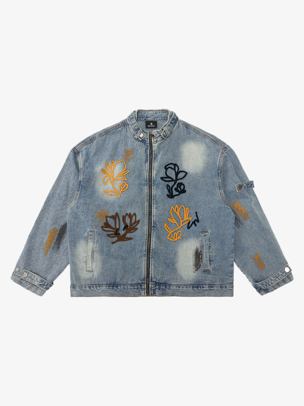 Retro Street Floral Embroidery Washed Zipper Denim Jacket