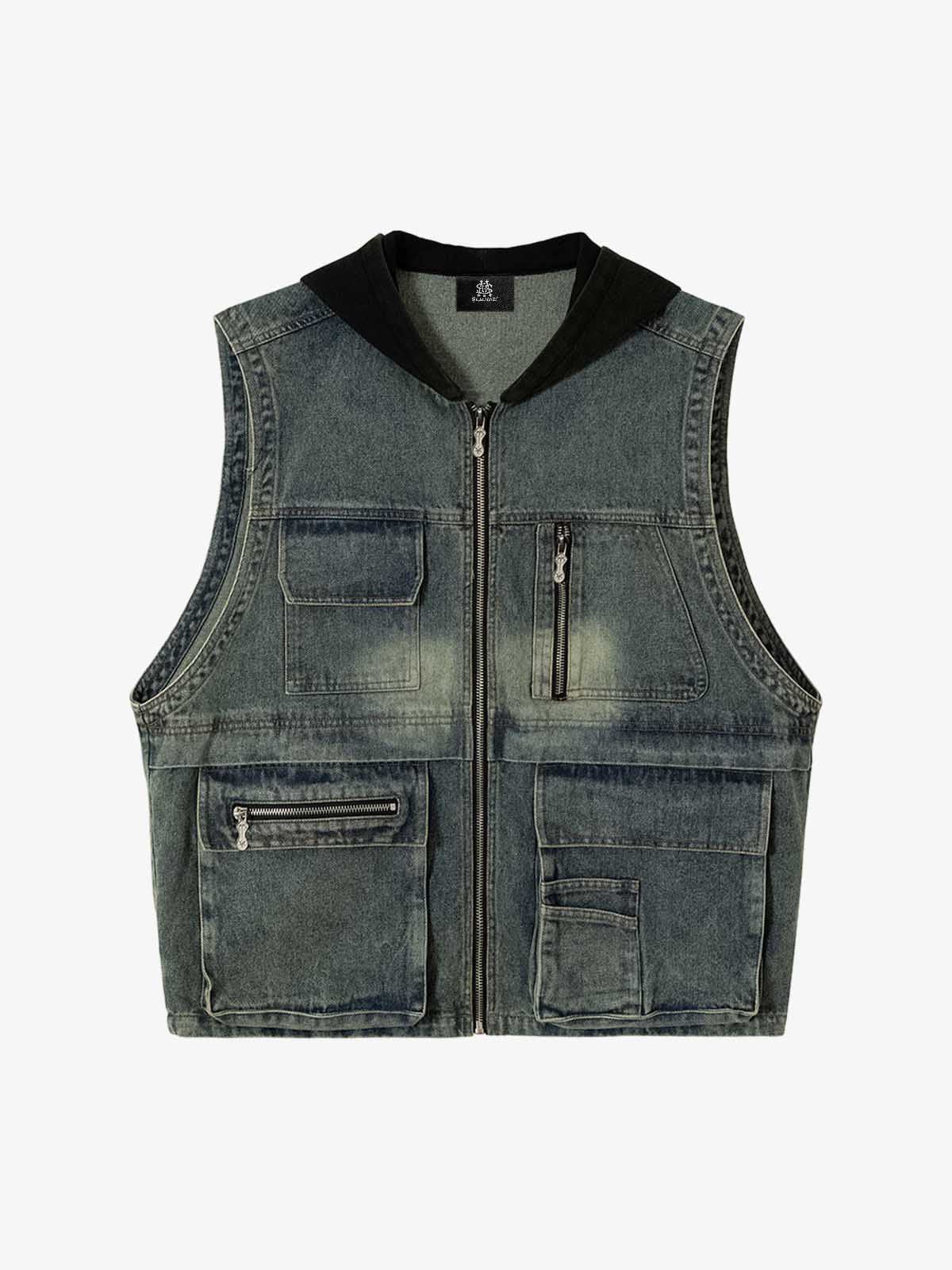Functional Multi-Pocket Hooded Denim Vest - image 3