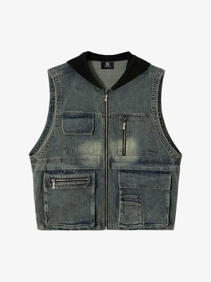 Functional Multi-Pocket Hooded Denim Vest - thumbnail 3