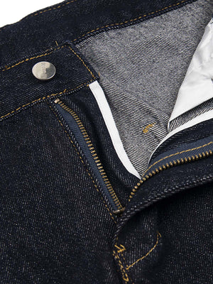 Plaid belt barrel jeans – zip fly close-up | XoKool