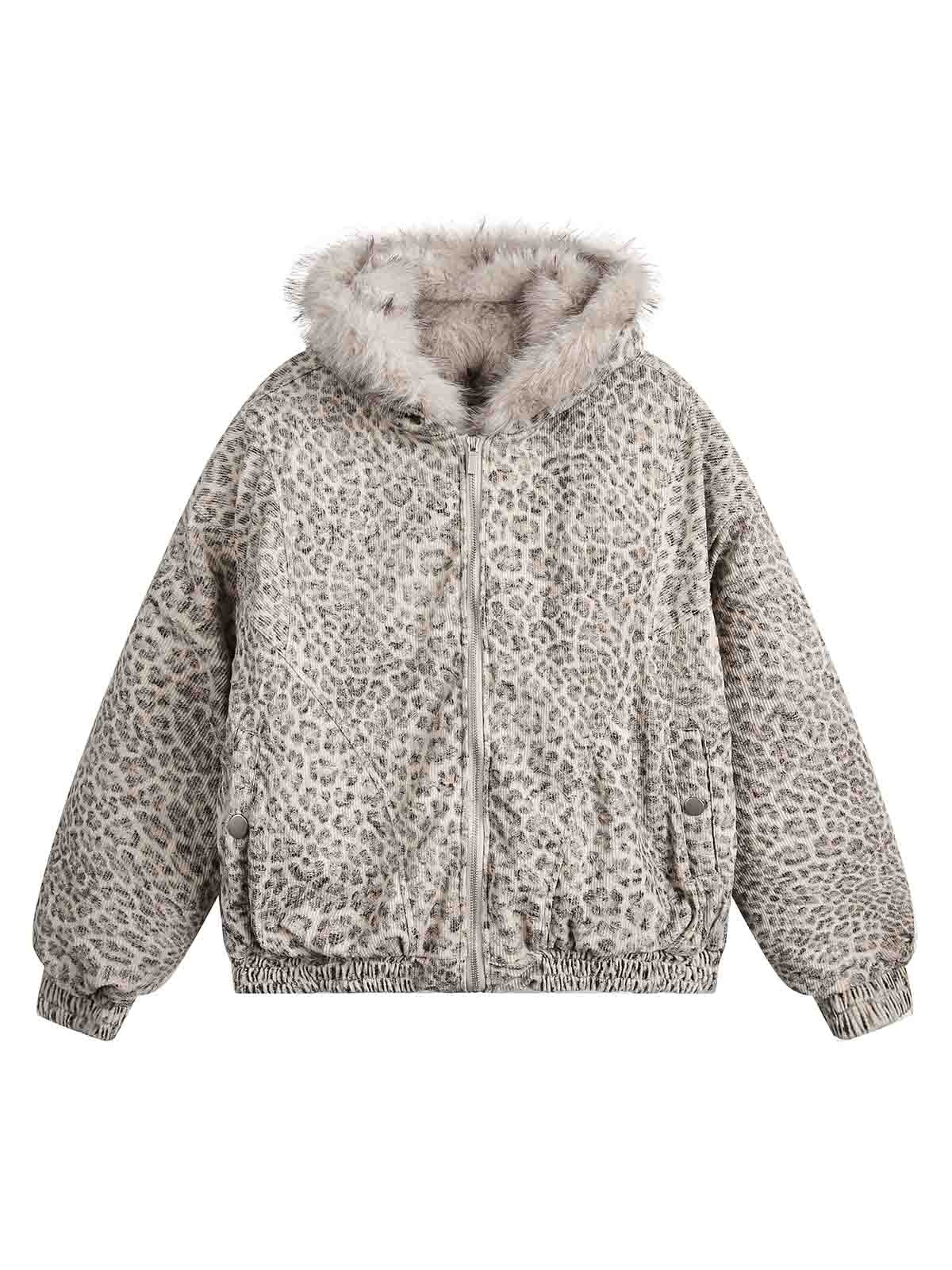 Cheetah Print Mink Fur Hooded Jacket Casual Winter Style - 10305
