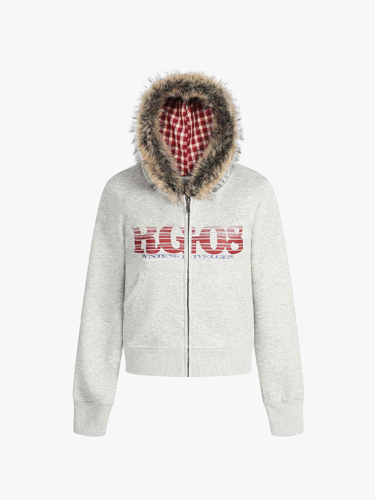 Retro Gradient Letter Print Splicing Cardigan Fur Collar Zip Up Hoodie