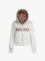 Retro Gradient Letter Print Splicing Cardigan Fur Collar Zip Up Hoodie