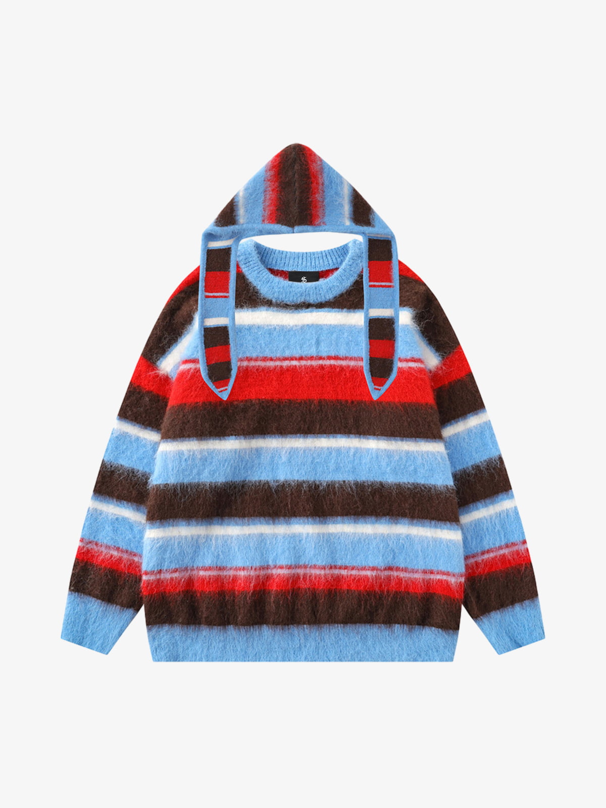 Detachable Hood Contrast Striped Mohair Pullover Sweater