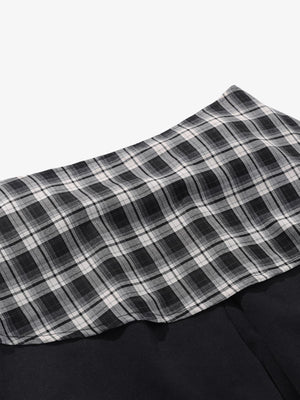 Retro Plaid Patchwork Tie-Belt Wide-Leg Barrel Pants - thumbnail 6