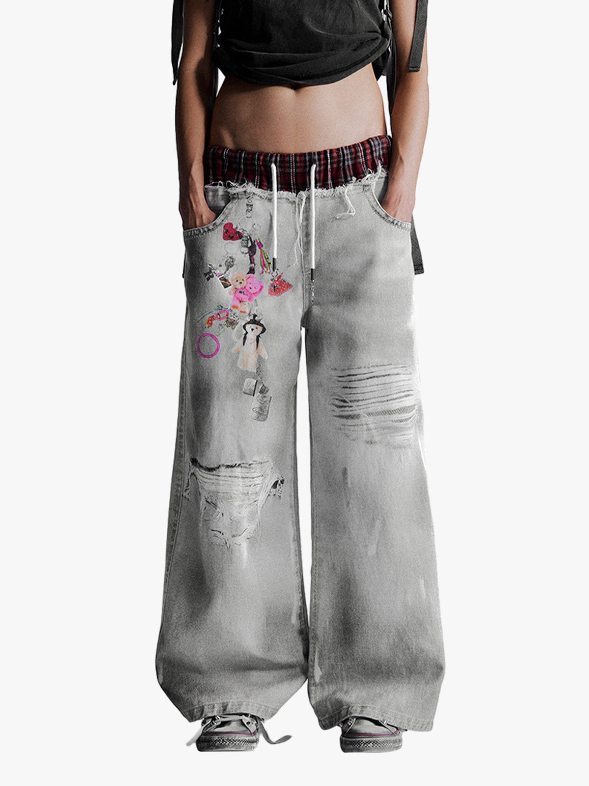 Waistband Patch Drawstring Jeans