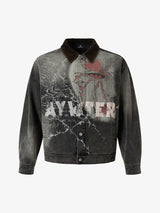 Washed And Distressed Dark Graffiti Patchwork Jacket