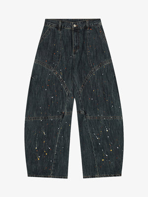 Dark Wash Barrel Jeans mit Farbspritzern – Vorderseite flach | XoKool