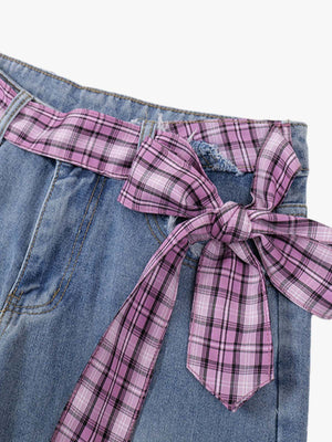 Light Wash Wide Leg Jeans with Pink Plaid Bow – plaid bow belt close-up | XoKool