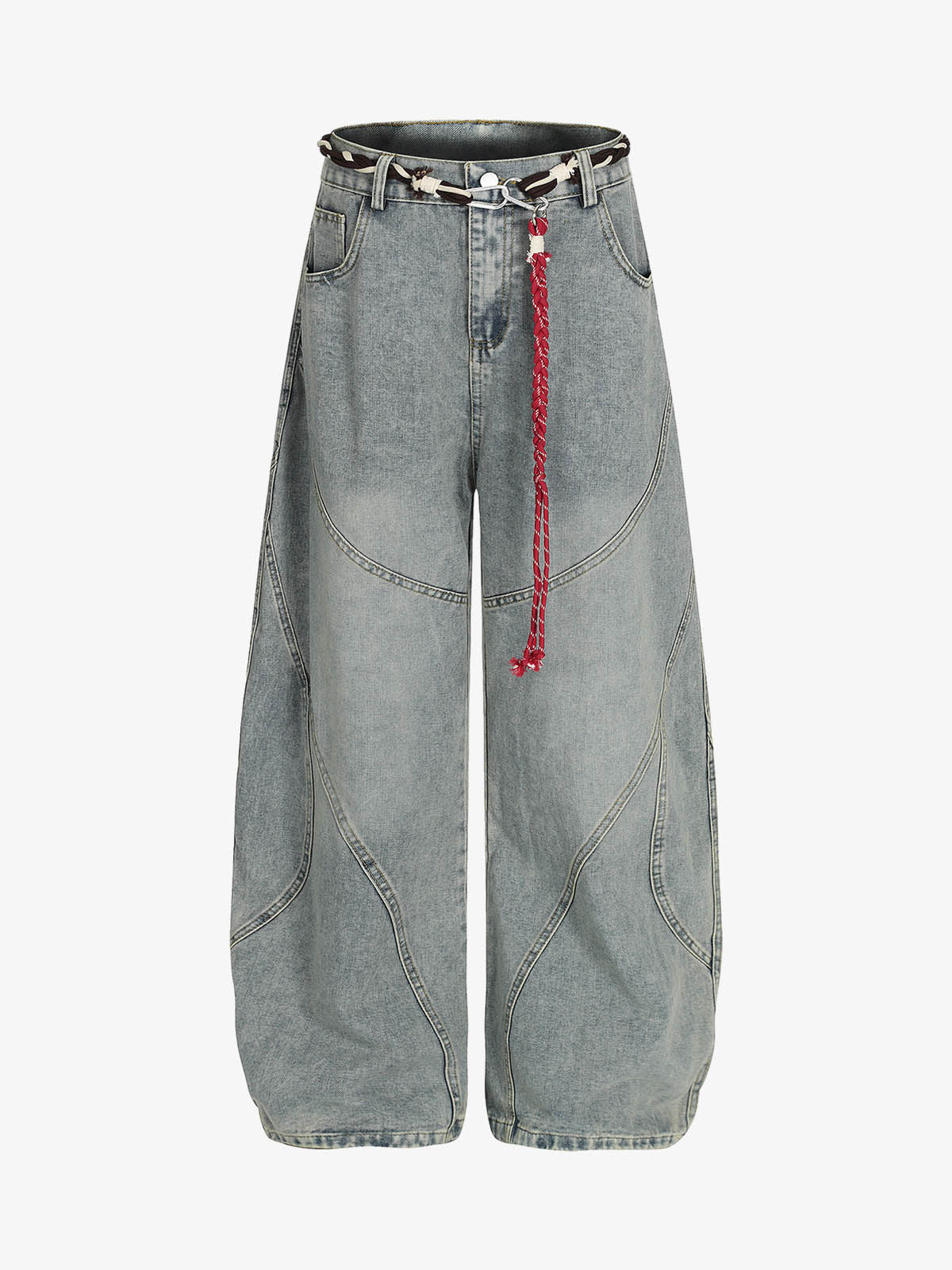 Denim Retro Belt Detail With Patchwork Barrel Jeans